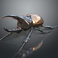 Metallic Rhinoceros Beetle with Shiny Exoskeleton Large Horn and Legs on Dark Background with Reflection