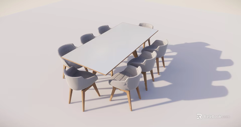 Modern Rectangular White Dining Table Set With Grey Padded Chairs And Wooden Legs 3d model