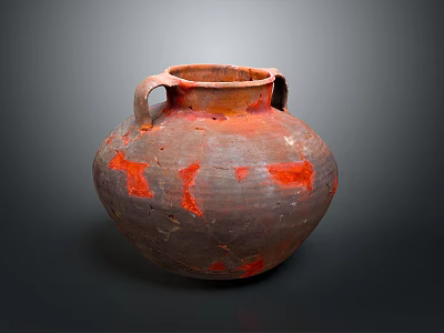 Handcrafted Ceramic Vase Sculpture With Two Handles And Red Patch Details 3d model