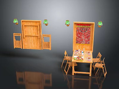 Wooden Furniture Set With Cabinet Dining Table Chairs Green Pendant Lights And Red Decorative Painting 3d model