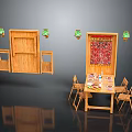 Wooden Furniture Set With Cabinet Dining Table Chairs Green Pendant Lights And Red Decorative Painting