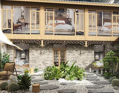 Traditional Chinese Courtyard with Two Story Brick Tile Architecture Wooden Windows and Green Plants 3d model