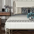 Elegant Double Bed Background With Geometric Wall Panels Upholstered Bench And Decorative Pillows 3d model