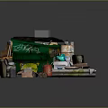 Green Garbage Dumpster With Black Roof Graffiti Various Barrels Cardboard Boxes And Junk