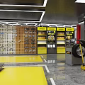 4S Car Dealership Showroom Featuring Black Patterned Sports Car Yellow Signs And Hexagonal Ceiling Lights