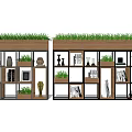 Double Bookcases With Green Grass Top Wooden Metal Frame Shelves Holding Books Vases Plants Frames
