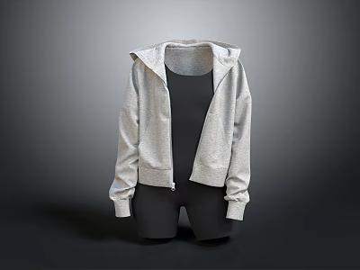 Stylish Gray Zip up Hoodie with Black Tank Top and Shorts Casual Fashion Outfit 3d model