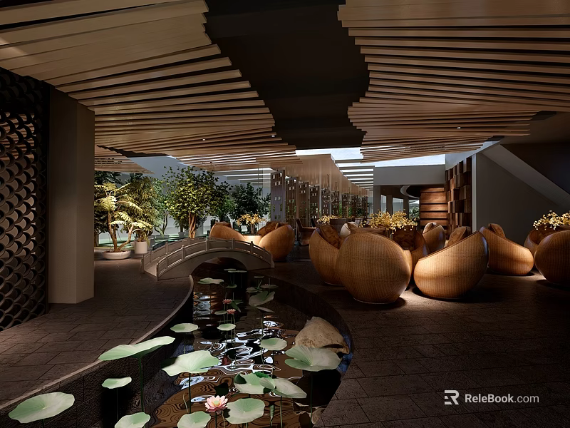 Hotel Public Lounge Area with Wooden Slat Ceiling Water Feature Lily Pads and Sculptural Seats 3d model 