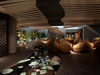 Hotel Public Lounge Area with Wooden Slat Ceiling Water Feature Lily Pads and Sculptural Seats 3d model