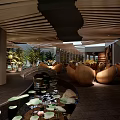 Hotel Public Lounge Area with Wooden Slat Ceiling Water Feature Lily Pads and Sculptural Seats