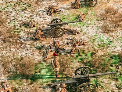 Cartoon Scene of Soldiers Battling Cannons on Grassy Battlefield Terrain 3d model