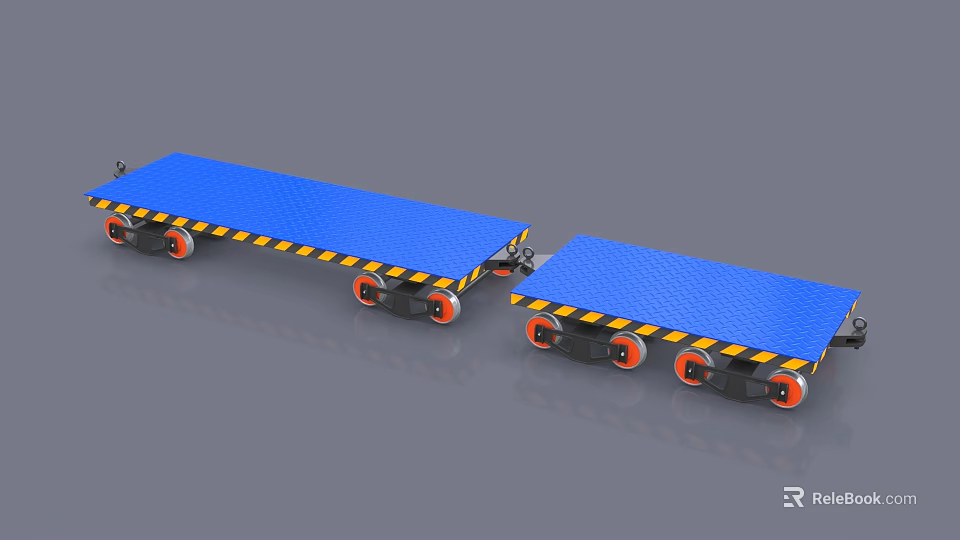 Heavy Duty Industrial Equipment Flatbed Cart With Blue Platform Orange Wheels And Warning Stripes 3d model 