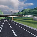 Modern Bridge With Black Railings Street Lamps And Road Beneath Mountain Cloud Background