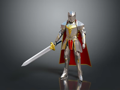 Silver Knight Armor With Golden Accents Red Cape And Longsword Design 3d model