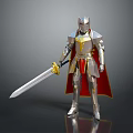 Silver Knight Armor With Golden Accents Red Cape And Longsword Design