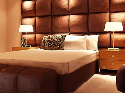 Cozy Double Bed Design With Brown Tufted Headboard Wall Bedside Tables Lamps And White Linens 3d model