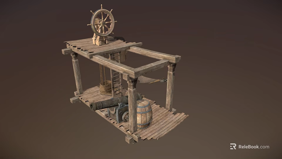 Rustic Wooden Decorative Ornament Set With Ship Wheel Barrel And Platform Frame Structure 3d model 
