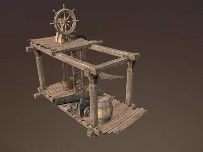 Rustic Wooden Decorative Ornament Set With Ship Wheel Barrel And Platform Frame Structure 3d model