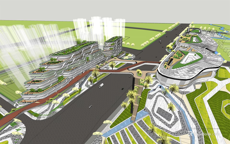 Modern Commercial Complex Featuring Multi Level Architecture Greenery And Urban Road Network 3d model 