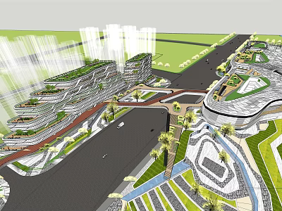 Modern Commercial Complex Featuring Multi Level Architecture Greenery And Urban Road Network 3d model