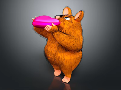 Cute Brown Furry Rodent Standing Holding Pink Heart Shaped Object And Licking 3d model
