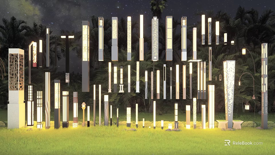 Various Styles of Illuminated Outdoor Lights in Night Grass with Trees 3d model 