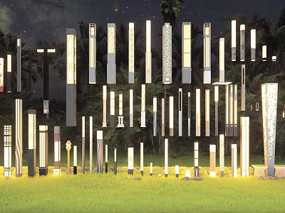 Various Styles of Illuminated Outdoor Lights in Night Grass with Trees 3d model