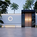 Modern Security Door Design For Garden Courtyard With Circular Light And Lush Greenery