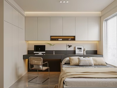 Modern Tatami Bedroom Interior With Tatami Bed Built In Desk And Storage Cabinets 3d model