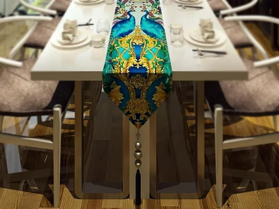 Vibrant Patterned Dining Table Set With Decorative Table Runner Chairs And Tableware 3d model