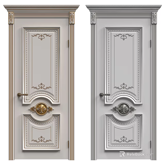 White Swing Doors With Decorative Patterns And Gold Silver Accents For Interior Design 3d model 