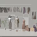 White Clothes Rack with Hanging Clothes Fashion Mannequins Potted Plant Suitcases and Round Decorations