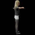 Blonde Woman With Arms Outstretched Wearing Black Jacket White Shorts Gray Boots Against Black Background