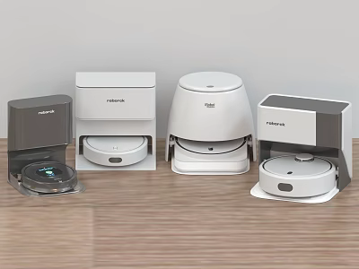 Roborock Kitchen Appliances Multiple Robot Vacuums With Charging Docks On Wooden Floor 3d model