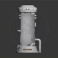 Cartoon Scene Futuristic Transparent Cylindrical Device With Silver Blue Control Panel And Curved Pipe