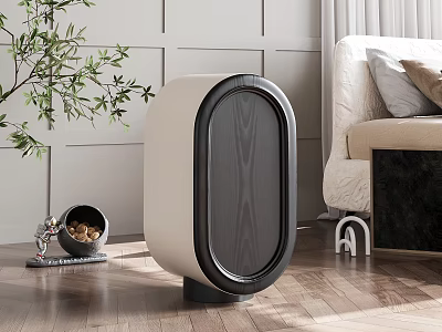 Modern Sleek Bedside Table With Wooden Panel Design In Living Room With Sofa And Plant 3d model