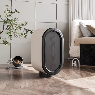 Modern Sleek Bedside Table With Wooden Panel Design In Living Room With Sofa And Plant 3d model