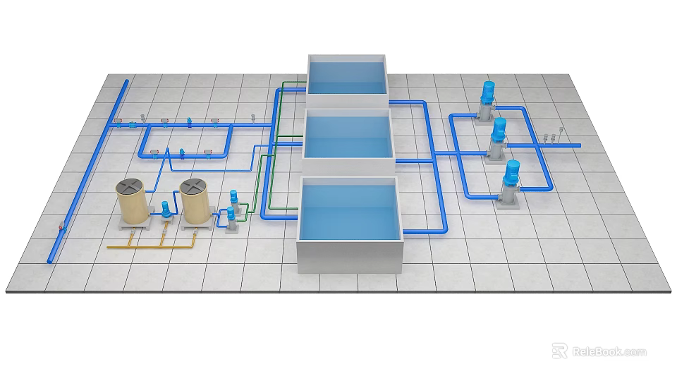 Industrial Factory Layout With Piping System And Equipment On Grid Floor 3d model 
