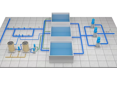 Industrial Factory Layout With Piping System And Equipment On Grid Floor 3d model