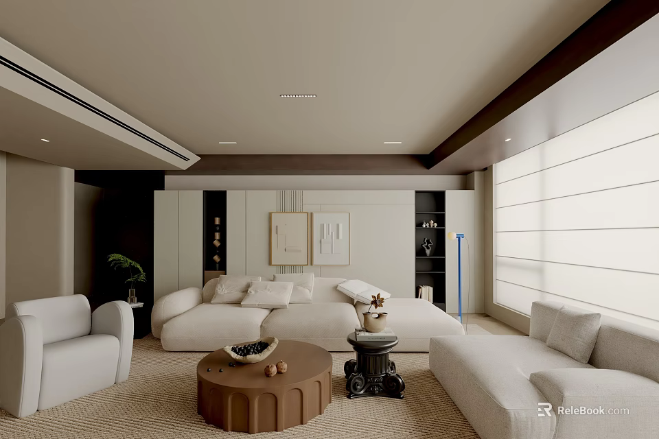 Modern Living Room Interior With White Sofa Wooden Coffee Table And Decorative Paintings 3d model 