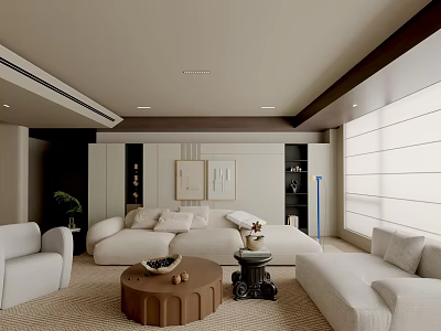 Modern Living Room Interior With White Sofa Wooden Coffee Table And Decorative Paintings 3d model