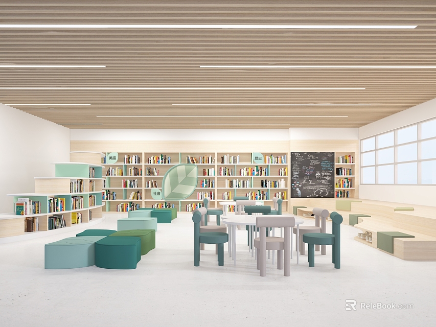 Book Art Modern Library Interior With Colorful Bookshelves Wooden Ceiling Reading Tables Chairs And Blackboard 3d model 