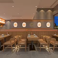 Cozy Restaurant Interior Featuring Wooden Furniture Two Floor Layout Staircase And Dining Counter