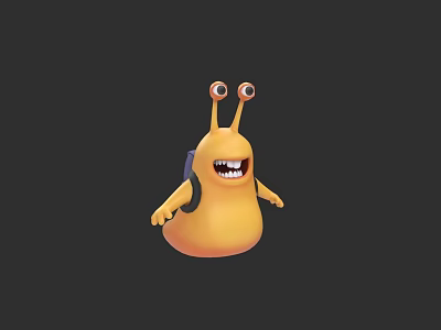 Cartoon Orange Reptile Snail with Big Eyes Open Mouth and Shell on Back 3d model