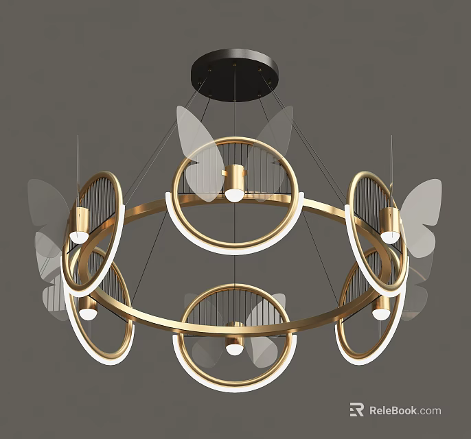 Modern Golden Ring Chandelier With Butterfly Decorations And Warm Lighting 3d model 