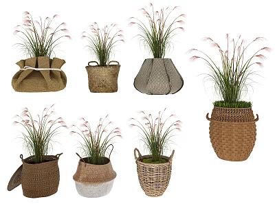 Bonsai Potted Plants with Grass like Greenery in Woven Rattan Jute Wicker Planters for Decor 3d model