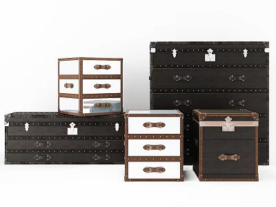 Vintage Leather Trunks With Metal Rivets And Storage Drawers In Different Sizes 3d model