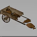 Traditional Wooden Stone Cart With Loaded Bags And Scattered Sacks On Ground