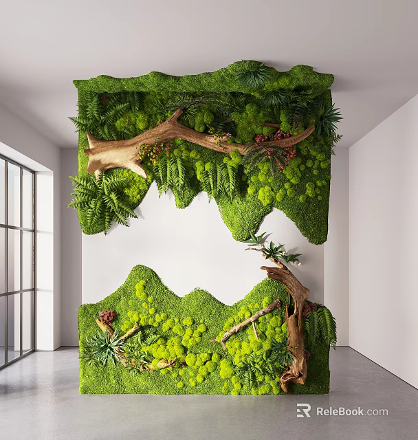 Indoor Landscape With Greenery Wall Moss Tree Branches Ferns White Walls And Large Windows 3d model 