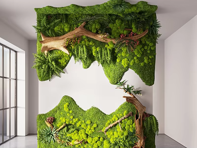 Indoor Landscape With Greenery Wall Moss Tree Branches Ferns White Walls And Large Windows 3d model